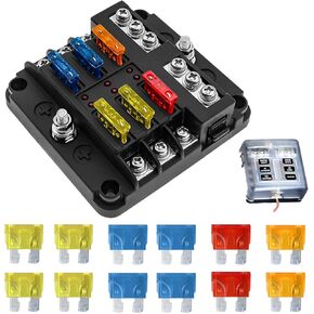 12 Volt Fuse Box, Waterproof Boat Marine Fuse Block Panel with LED Warning Indicator Damp-Proof Cover, 6 Way Fuse Box Compatible with DC 12V-24V Car Trailer Truck Golf Cart