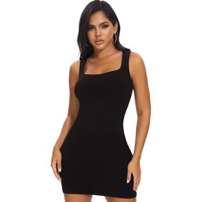 SHAPERIN Women's Built-in Shapewear Tank Dress Ribbed Bodycon Mini Dress Square Neck Tummy Control Dresses
