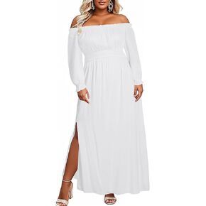 Plus Size Off Shoulder Dress Boho Long Sleeve Split Flowy A-Line Long Maxi Dresses with Pockets Photoshoot