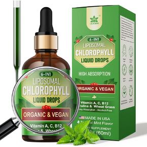 Organic Chlorophyll Liquid Drops Liposomal for Women & Men, 6-in-1 Greens Superfood Vegan Chlorophyll w/Spirulina, Wheat Grass, Vitamin C B12 A for Internal Deodorant*, Energy,Digestive,1Packs/2 Fl Oz
