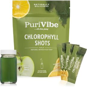 كل شيء عن عصير purivibe chlorophyll لقطات | مسحوق عصير الأطعمة الفائقة ، ملحق لقطة العافية - 2x قوة - عصير أخضر - مملوءة بالليمون والتفاح - 15 حزم عصا