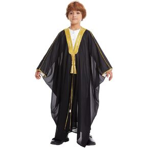 IDOPIP Muslim Thobe for Boys Islamic Arabic Kaftan Robe Ramadan Kids Long Sleeve Embroidery Tassels Open Front Cardigan Thobe