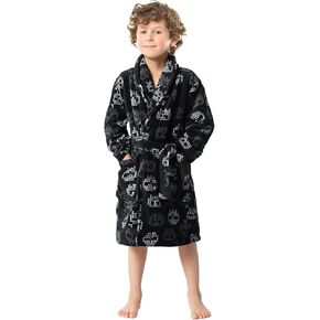 Skull Print Boys Coral Fleece Bathrobe with Collar, Super Soft and Warm Pajama for Kid 7-16 Years