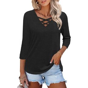 Heymiss Womens Tops 3/4 Sleeve V Neck Shirts Loose Casual Tunic Blouses Criss Cross Summer Tshirts in Kuwait