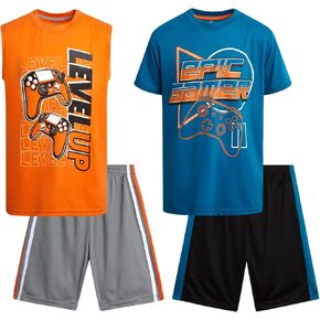Pro Athlete Boys Short Sets - 4 Piece Performance Graphic Tees and Tank Tops with Matching Boys Athletic Shorts (Sizes: 8-16)