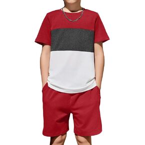 Arshiner Boys' 2-Piece Cotton Outfit Color Block T-Shirt and Shorts Set Casual Summer Clothes for Kids 6-14 Years