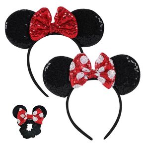 2PCS Mouse Ears Headband with a Scrunchie for Women, Shiny Sequin Bow Headbands for Birthday Party & Theme Paradise (Red-0)