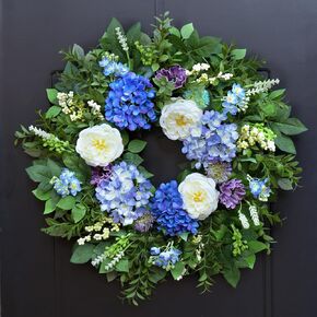 26 Inch Spring Wreaths for Front Door Outside– Vibrant, Lifelike Summer Door Wreath Indoor Outdoor Green Eucalyptus Wreath - Blue Hydrangea White Peony Valentine’s Day Flower Wreath Decor