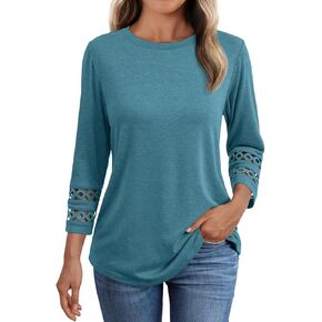 AUTOMET 3/4 Length Sleeve Womens Tops Crewneck Lace Tunic Business Casual Dressy Blouses Spring Trendy Outfits 2025