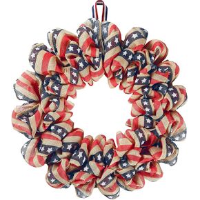 Sggvecsy 19Inch 4th of July Patriotic Day Wreath for Front Door America Patriotic Flag Burlap Summer Patriotic Decorations with Red Stripe Blue Star for Memorial Day Independence Day Veterans Day