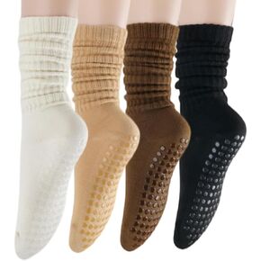 Slouch Pilates Socks for Women: 4 Pack Long Pilates Outfits for Girl - Knee High Yoga Grip Scrunch Socks for Barre