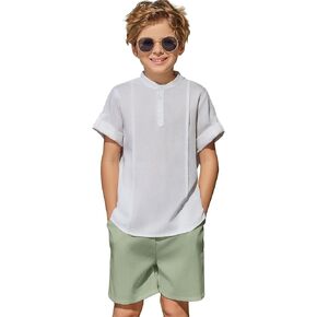 Arshiner Boy's 2 Pieces Linen Sets Short Sleeve Henley Shirt and Shorts Summer Beach Matching Outfits 5-12 Years