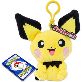 Nintendo Pichu Plush Keychain Set - Pichu Bag Clips Bundle with 5" Pokemon Pichu Keychain Plush Plus Pokemon Cards | Pokemon Plush Keychains for Backpack