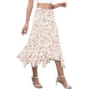 NILOUFO Women's Handkerchief Hemline Midi Skirt Summer Casual Flowy Stretchy High Waisted Skirts