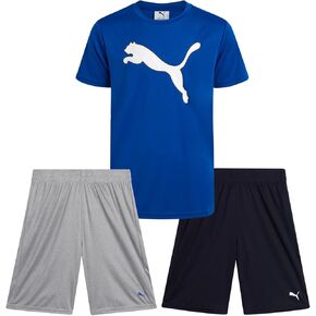PUMA Boys Active Short Set - 3 Piece Short Sleeve Logo Graphic Tee and Poly Interlock Mesh Shorts for Boys (Sizes: 4-16)