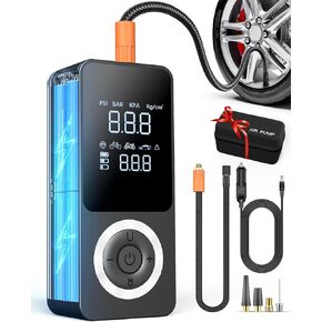 Cordless Tire Inflator Portable Air Compressor, 150 PSI Air Pump with Rechargeable Battery, Tire Pressure Gauge, 12V Car Power Adapter, Smart Air Pump for Car, Motorcycle, Bike, Ball