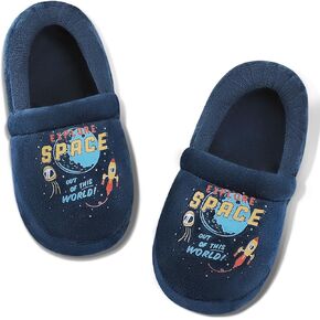 Bigwow Toddler Boys Girls Slippers Rocket Print Non-Slip Fuzzy Slip Ons Slipper for Little Kids Cozy Indoor House Shoes