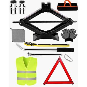1.5-ton Scissor Jack in Your car's Roadside Emergency kit, Must-Have Spare tire Replacement Stand Tool for Your Vehicle, Telescoping Lug Nut Removal Tool, Ratchet Wrench, Tire Pressure Gauge (1.5T)