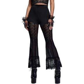 Rosegal Women Plus Size Bell Bootoms Gothic Flare Pants Sheer Mesh Panel Lace-up Pull On Flare Pants