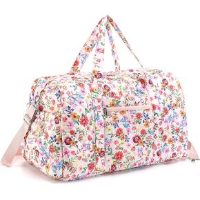 Large Quilted Travel Duffle Bag for Women Pink Floral Portable Gym Lightweight Weekender Bag with Zipper Pockets Grocery Pouch Workout Overnight Carry on Duffle Pouch for Travel Work