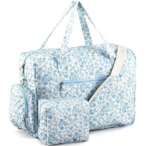 Abbylike 2 Pcs Quilted Duffle Bag Coquette Floral Duffle Bag with Makeup pouch Quilted Weekender Diaper tote with Shoe Compartment for Women Travel