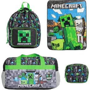 Minecraft Creeper 4-Piece Travel Set – Duffel Bag, Drawstring Backpack, Throw Blanket & Toiletry Bag – Stylish & Functional Luggage Bundle for Travel, Gym, and Everyday Use