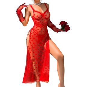 Women's Sexy Heart Lingerie Set, Underwire High Slit Bow Maxi Dress Valentines, Ruched Sheer Nightgown Boudoir Outfit