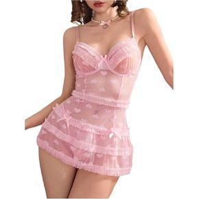 Women's 2 Piece Heart Sheer Lingerie Frill Bow Babydoll Nightgown and Panty Roleplay Outfit
