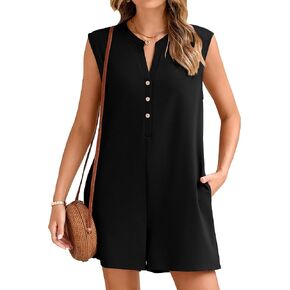 Glamaker Rompers for Women Summer Casual Sleeveless Button Down Oversized Athletic T Shirt Romper with Pockets