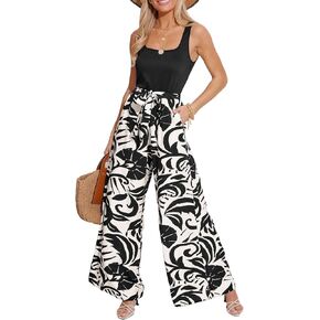 CUPSHE Women's Romper Square Neck Sleeveless Belted Pocket Wide leg Maxi Outfit Casual Dressy
