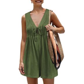 Yousify Womens Summer Casual Sleeveless Romper Tie Front Pleated Shorts Overalls Jumpsuit with Pockets 2025 Clothes
