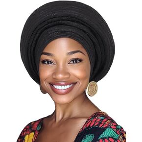 Woeoe Pre-Tied African Hats Gold Auto Gele African Head Wraps Church Turban for Women