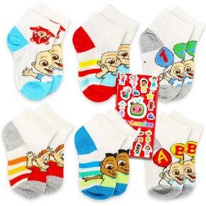 Cocomelon Socks for Toddler Boys, Girls 2T-4T - Bundle of 6 Pairs of No Show Socks Sizes 4-7 Plus Stickers | Cocomelon Accessories for Kids and Babies