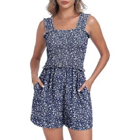 QIXING Women's Summer Casual Rompers Dressy Smocked Loose Comfy Short Jumpsuits Vacation Outfits With Pockets