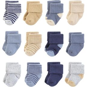 Hudson Baby Baby Infant Boy Cotton Rich Newborn and Terry Socks, Blue Brown Stripes, 0-6 Months