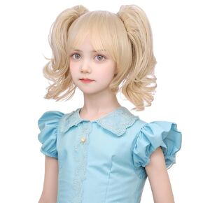 Kids Blonde Wig Child Blond Curly Wavy Wig with Bangs Girls Blonde Wig with 2 Clip on Ponytails Wig Cosplay Wig Synthetic Wigs with Wig Cap