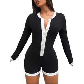 Wdirara Women's Color Block Bodycon Romper Long Sleeve Button أسفل بذلة قصيرة
