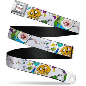 Cartoon Network Belt, Seatbelt Buckle Belt, Adventure Time Jake and Finn Open Pack Pose White, Adjustable
