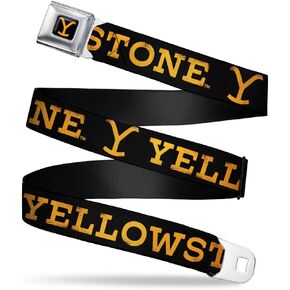 Paramount Network Belt, Seatbelt Buckle Belt, Yellowstone Text and Y Logo Weathered Black Orange, Adjustable
