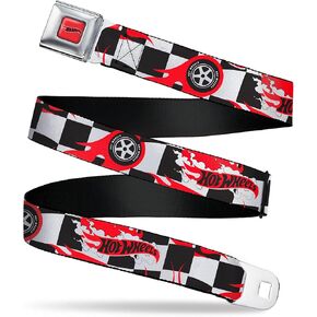 Mattel Belt, Seatbelt Buckle Belt, Hot Wheels Logo and Tire Burn Out Checker Black White, Adjustable