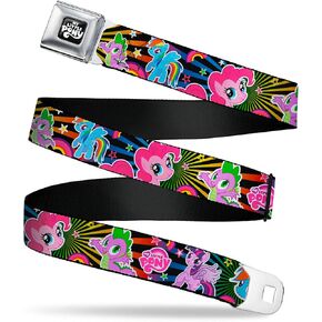 My Little Pony Belt, Seatbelt Buckle Belt, My Little Pony Ponies and Spike Poses Rays Black Multi Color, Adjustable