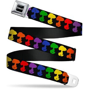 Peanuts Worldwide LLC Belt, Seatbelt Buckle Belt, Peanuts Snoopy Silhoutte Pose Black Rainbow Multi Color, Adjustable