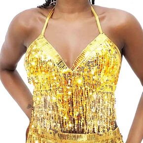 DRESBE Sparkly Sequin Fringe Bra Top Tassel Belly Dance Top Party Halter Costume for Women