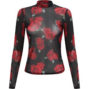 Women Mesh Top Floral Mesh Long Sleeve Tops Mock Neck See Through Tops Fitted Sexy Going Out Tops