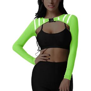 Womens Reflective Rave Mesh Shrug Top - EDC Sexy Neon Green Shirt Y2K Long Sleeve Buckle Crop Tee Festival Outfits