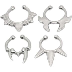 Silver-Tone Septum Clickers, Set of 4 with Spiked and Curved Designs Fake Septum Nose Ring Hoop, Non Pierced Nose Cuffs Faux Clicker Hanger, Nose Septum Ring Clip On Body Piercing Jewelry for Men Women