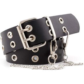 YCMI Punk Rock Double Grommet PU Leather Belt With Chain for Women & Men