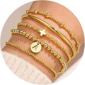 Turandoss Gold Cross Bead Bracelets Sets for Women Girls - Dainty Gold Layered Plated Bracelets for Women, Initial Gold Bead Bracelet Stack, Gold Cuff Letter J Bracelet, Gold Jewelry for Women