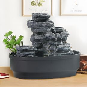 الصبورات المكتبية المكتبية المكتبية ذات 4 مستويات داخلي Zen tabletop نافورة المياه المتتالية شلال الصخور مع مصابيح LED وحامل الشموع لديكور غرفة المكتب المنزلي ، والاسترخاء ماء مياه ميزة Fengshui هدية
