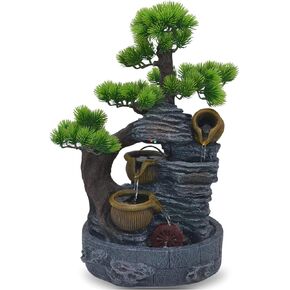 18-Inch Tabletop Water Fountain with Bonsai Tree, Cascading Pots, and Spinning Water Wheel – Indoor Zen Decorative Fountain with USB Connection for Home or Office